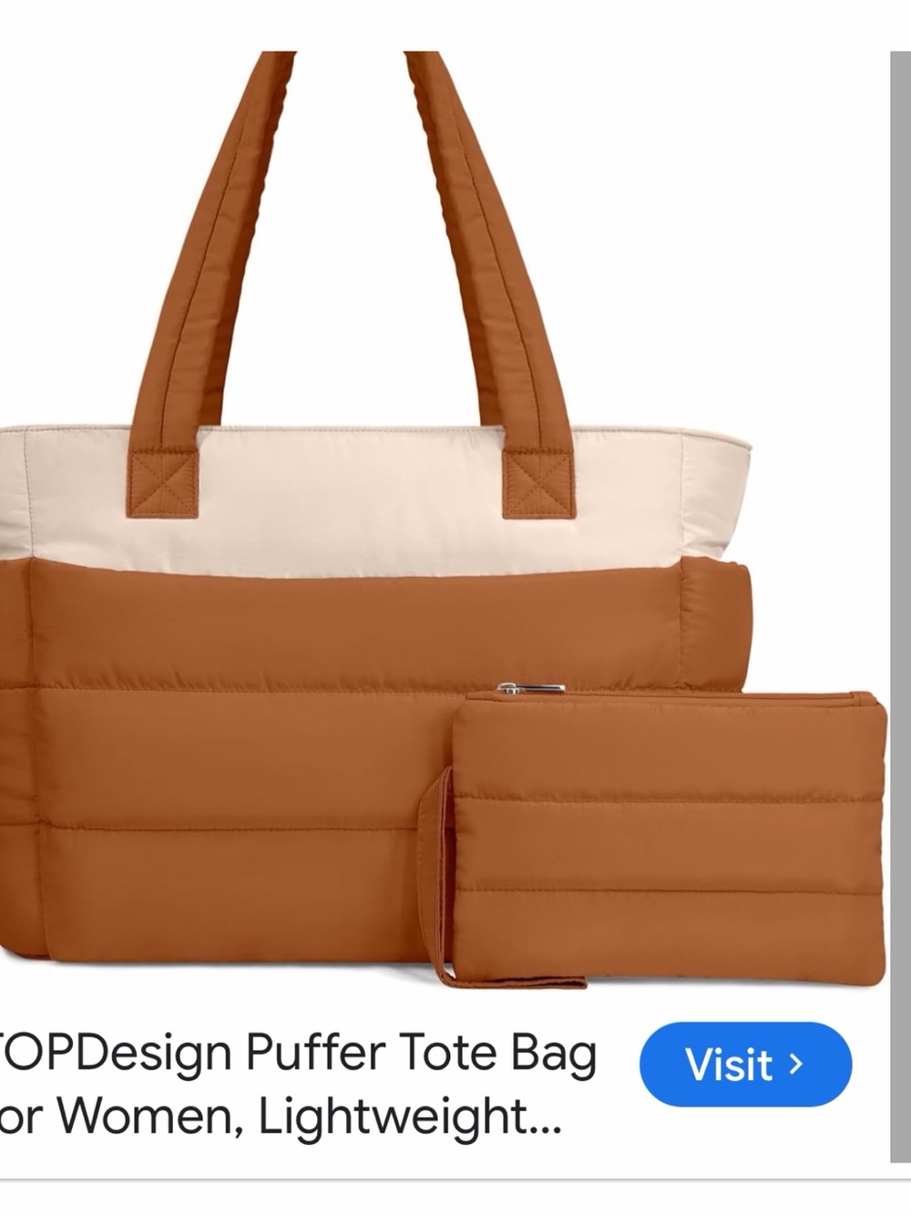 Puffer Tote Bag with Matching Wristlet in Tan and Cream